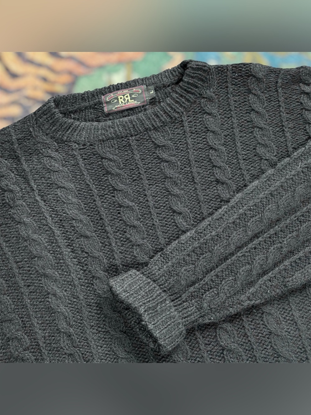 RRL Double RL 100% Wool Chunky Cable Knit Sweater Pullover Navy Large Preppy